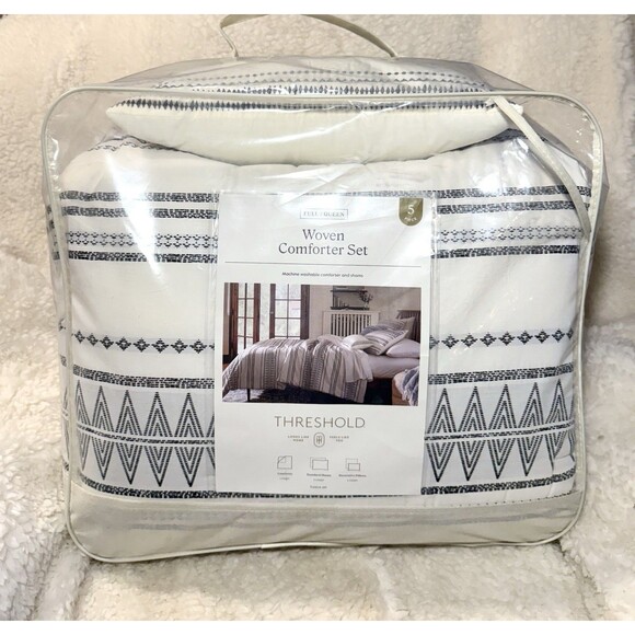 Full/Queen Tatiana Global Woven Stripe Cotton Comforter Set 5pc Cream NEW - Picture 6 of 8